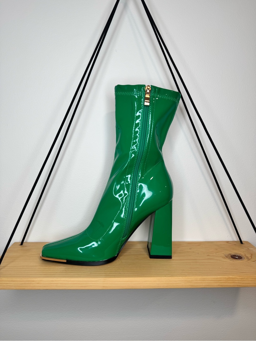 Glossy Green Block Heel Ankle Boot with Side Zip Square Toe Gold Accent